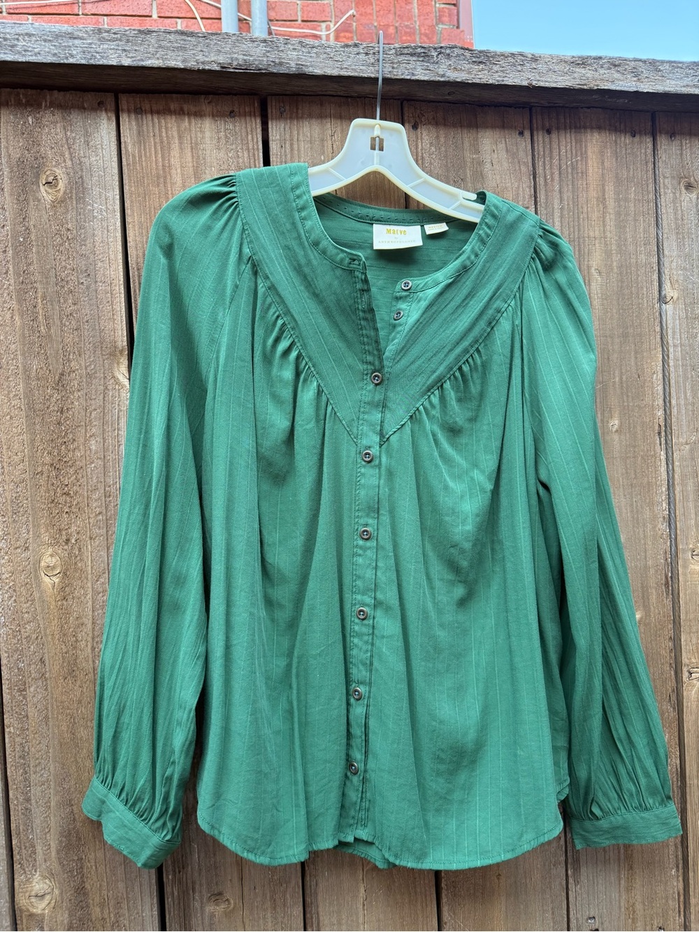 Green Button-Front Peasant Blouse